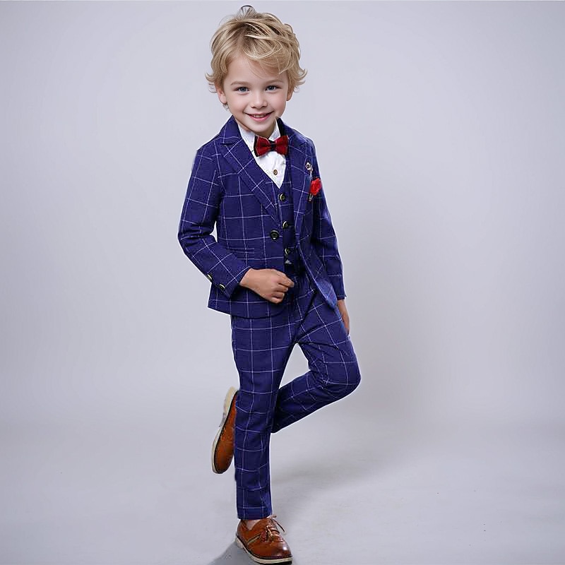 3 Pieces Ring Bearer Suit Boys Kids Suit Formal Suit Suit & Blazer Tank & Pants Formal Anniversary Cool Gentle Plaid Wine Blue Gray Cotton