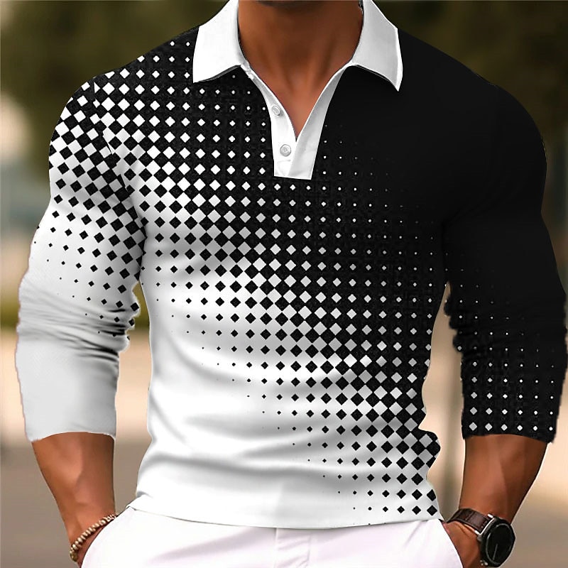 Men's Geometric Polo Shirts Golf Shirt Long Sleeve Polo Shirts Collared Shirts Business Casual WorkWear Formal Wear Festival Wear 3D Print Buttons Fall & Winter White Yellow Green