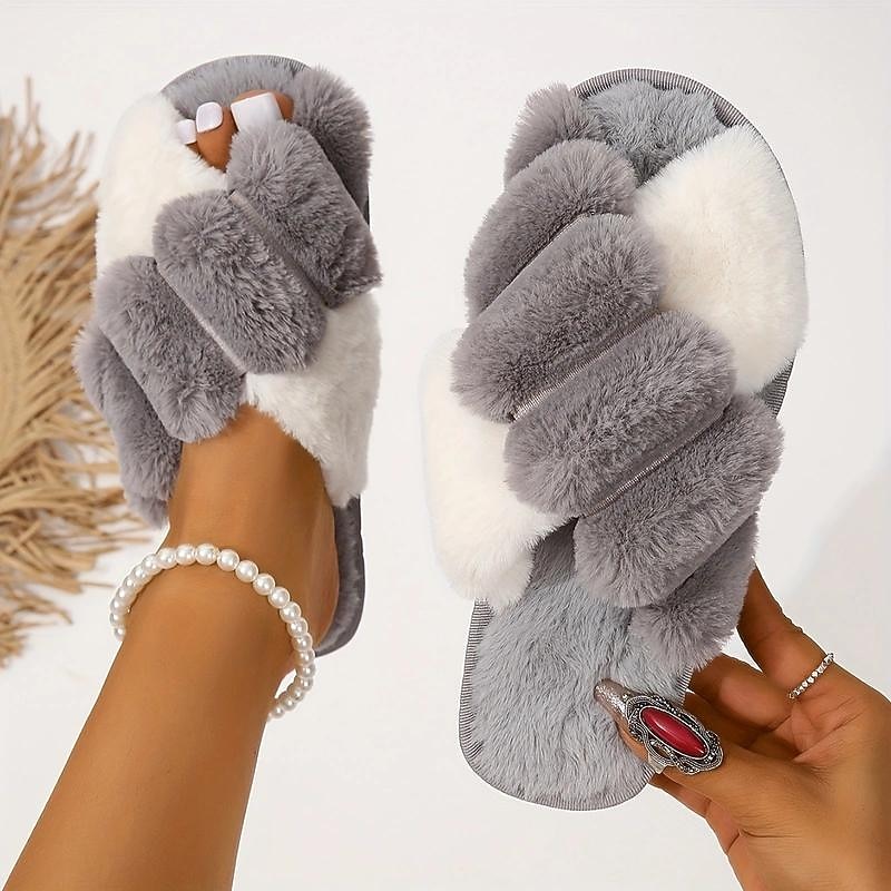 Women's Fluffy Plush Cross-Band Slippers – Soft Indoor Fleece House Slippers for Comfort and Warmth 6