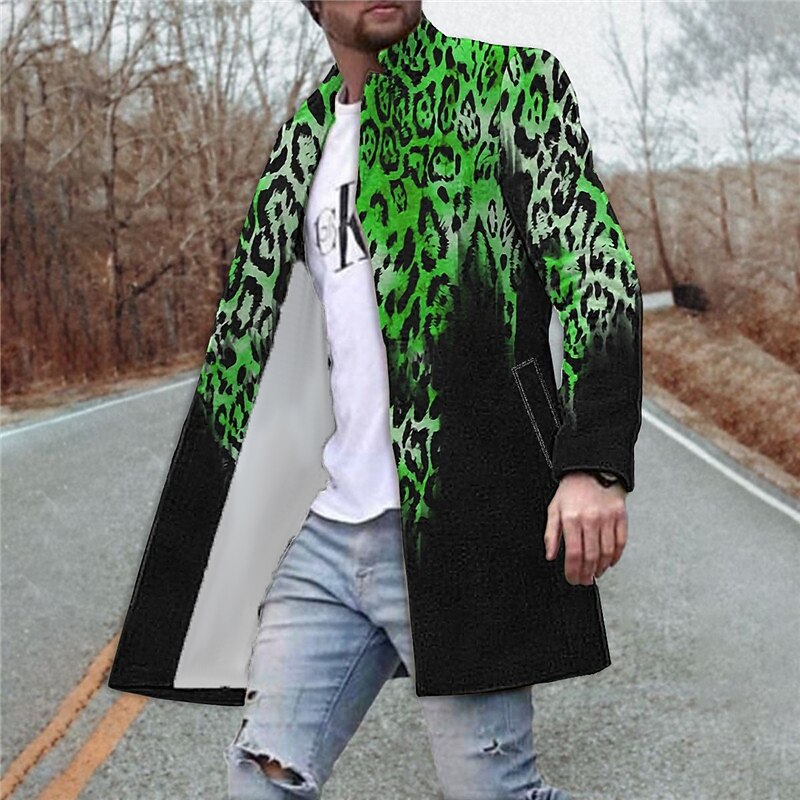 Men's Leopard Graphic Prints Winter Coat Overcoat Coat Warm Comfortable Breathable Fashion Streetwear Business Work Wear to work Going out Pocket Print Fall & Winter Turndown Long Sleeve Yellow Blue4
