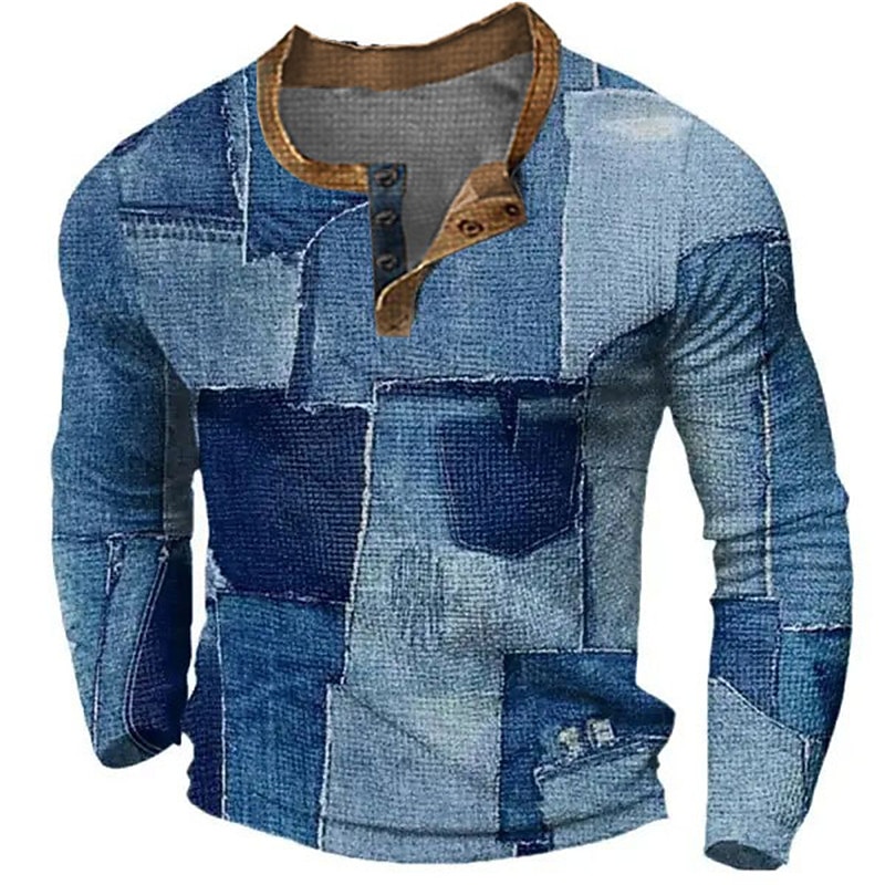 Men's Graphic Color Block Patchwork Henley Shirt Waffle T Shirt Long Sleeve 3D Print Fashion Designer Casual Sports Outdoor Holiday Festival Spring &  Fall Blue Brown Green Gray Henley Henley T-Shirt