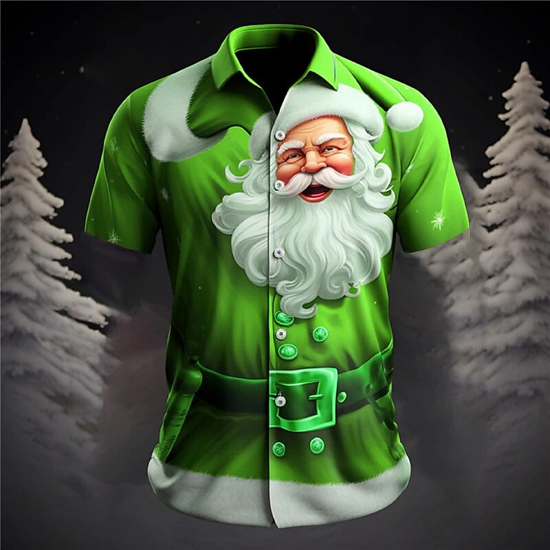 Christmas Men's Santa Claus Printed Shirts Santa Claus Casual Daily Wear Going out Weekend Autumn / Fall Turndown Short Sleeves Burgundy, Purple, Green S, M, L 4-Way Stretch Fabric Christmas3