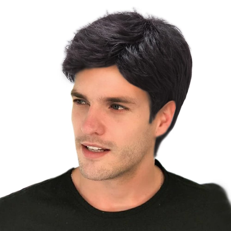 Mens Short Black Wigs Layer Wavy Wigs for Men Natural Synthetic Hair Wig for Man Men Guy Cosplay Anime Party Costume Anime