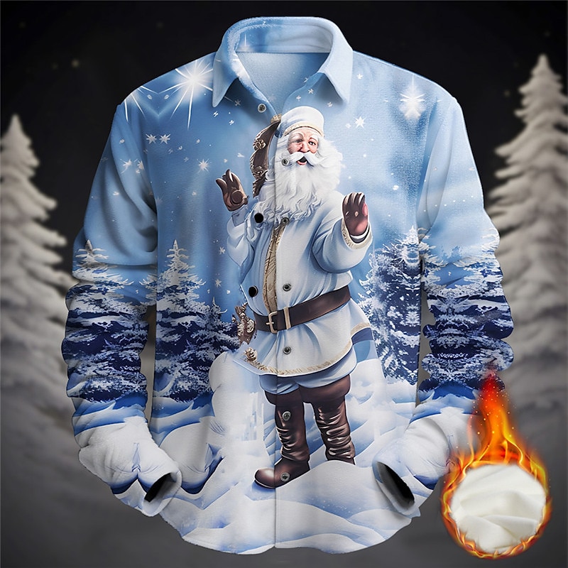Christmas Men's Santa Claus Printed Shirts Santa Claus Casual Fleece Long Sleeve Daily Wear Vacation Going out Fall & Winter Turndown Print Button-Down Fleece Blue Khaki Fleece