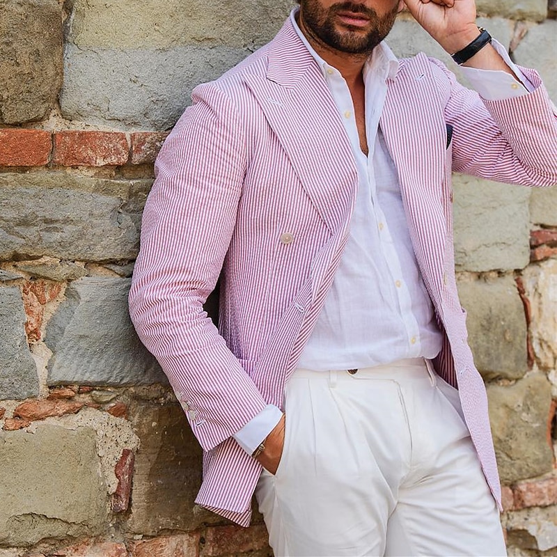 Men's Blazer Jacket Closure collar Fashion Office Striped Blazer Pink Plus Size