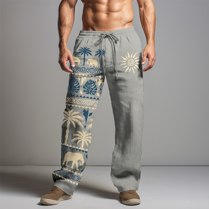 Men's Graphic Animal Tribal Linen Pants Pants Trousers Baggy Pants Mid Waist Vintage Casual Vacation Daily Wear Going out Spring Fall Black White khaki3