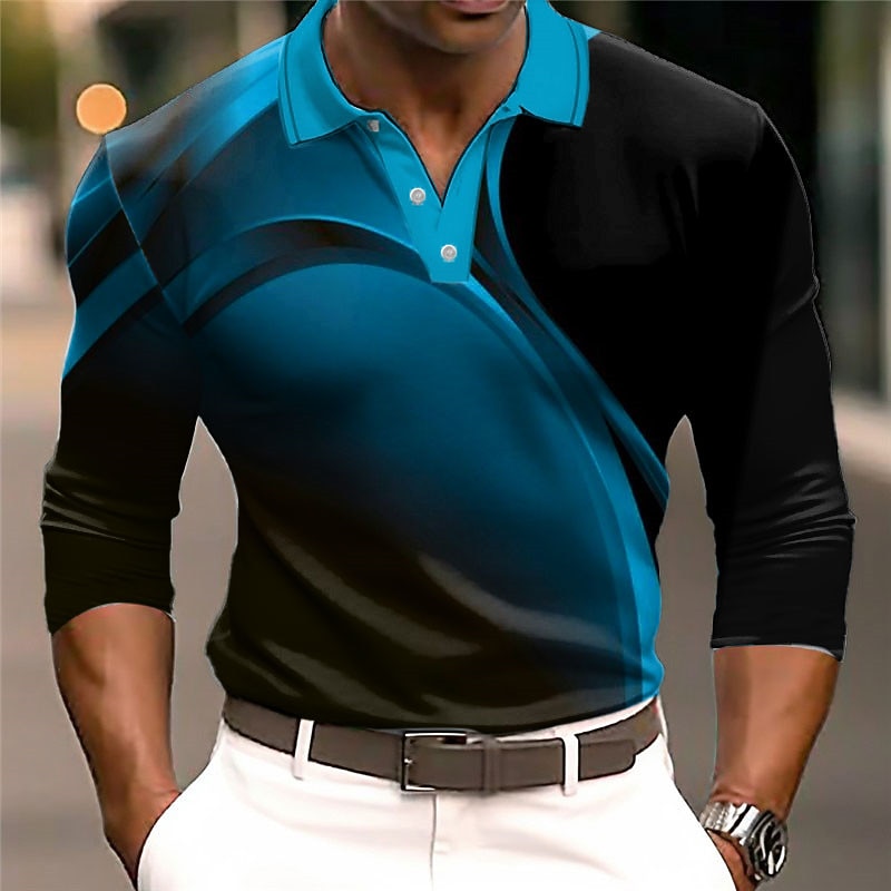 Men's Geometric Polo Shirts Golf Shirt Long Sleeve Polo Shirts Collared Shirts Business Casual WorkWear Formal Wear Festival Wear 3D Print Buttons Fall & Winter Wine Blue Purple