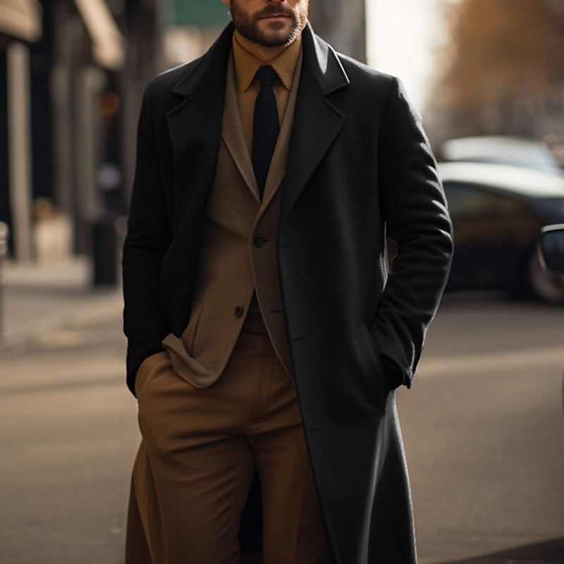 Men's Winter Coat Peacoat Trench Coat Long Trench Coat Outdoor Daily Wear Fall & Winter Polyester Thermal Warm Windproof Outerwear Clothing Apparel Fashion Streetwear Plain Pocket Lapel Single3