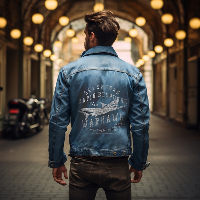 Men's Letter Airplane Coat Jean Jacket Denim Jacket Comfortable Breathable Casual Sports & Outdoor Going out Weekend Buttons Print Fall & Winter Turndown Long Sleeve Black Blue