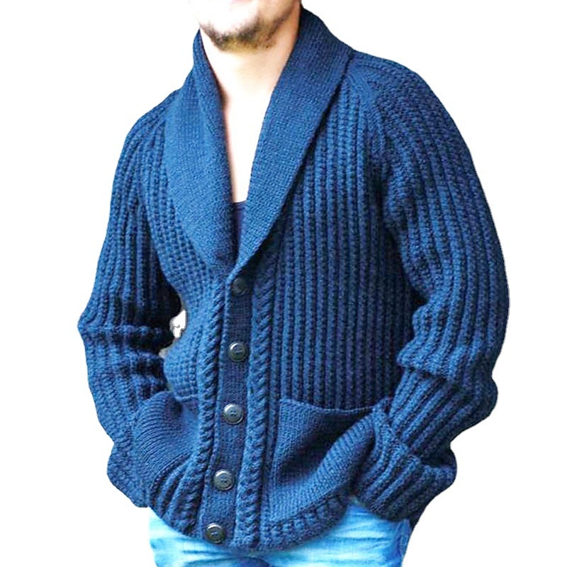 Men's Cardigan Sweater Chunky Cardigan Cropped Sweater Cable Regular Button Up Plain Shawl Collar Vintage Warm Ups Casual Daily Wear Clothing Apparel Raglan Sleeves Fall Winter Blue M L XL2