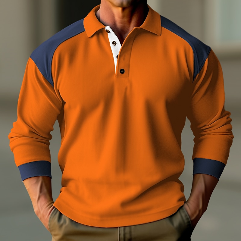 Men's Polo Shirt Button Up Polos Casual Holiday Classic Long Sleeve Fashion Basic Color Block Quick Dry Summer Regular Fit Black White Dark Navy Orange Polo Shirt
