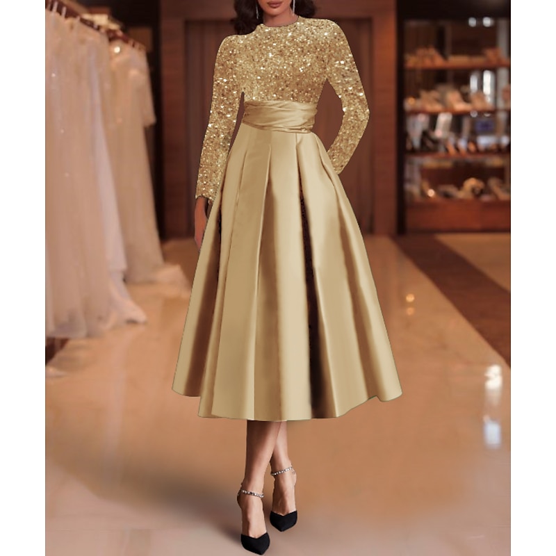 A-Line Sequin Cocktail Dresses Elegant Dress Wedding Guest Tea Length Long Sleeve Jewel Neck Satin with Pleats Dresses