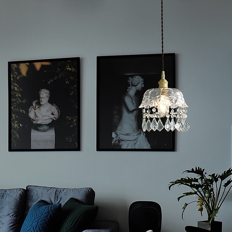 Crystal Pendant Light with Clear Glass Shade Gold Brushed Brass Finish Modern Kitchen Island Hanging Light Adjustable Chandelier for Hallway Dining Living Room 1 Light 110-240V2