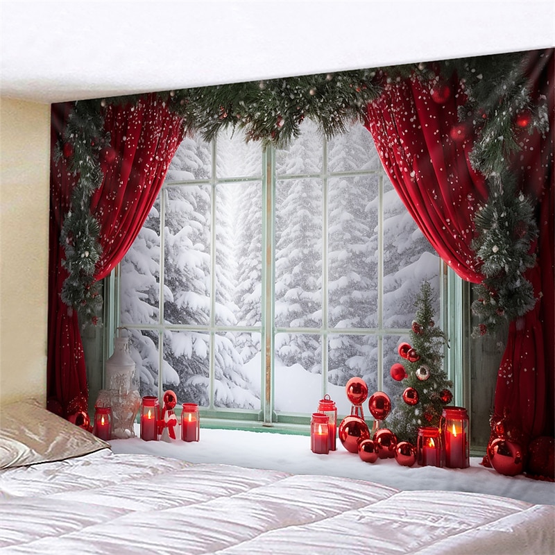 Christmas Decorations Snow Red Curtain Hanging Tapestry Wall Art Xmas Large Tapestry Mural Decor Photograph Backdrop Blanket Curtain Home Bedroom Living Room Decoration4