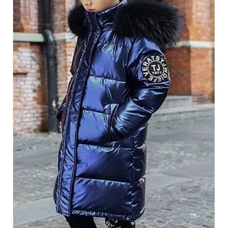 Kids Unisex Down Coat Outerwear Kids Puffer Jacket Solid Color Long Sleeve Zipper Coat Outdoor Cool Daily Black Blue Winter 7-13 Years2