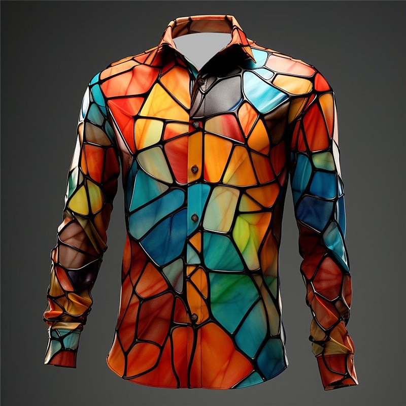 Men's Colorful Color Block Shirt Long Sleeve Artistic Abstract Daily Wear Going out Fall & Winter Turndown Print Button-Down Yellow Red Blue Mint Green Orange2