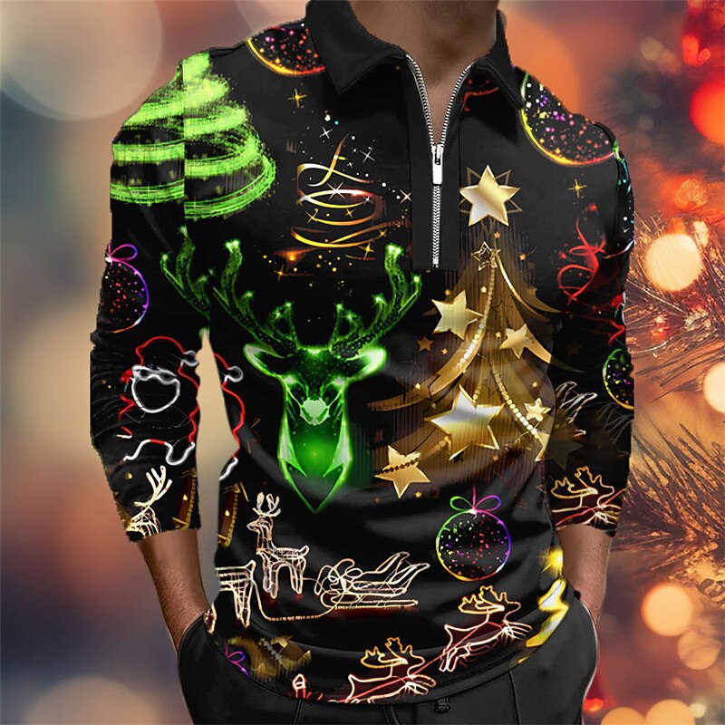 Christmas Men's Christmas Light 3D Zipper Polo Snowman Tree Casual Print 3D Zip Golf Outdoor Casual Daily Streetwear Polyester Long Sleeve Turndown Zip Shirts Black Blue Fall & Winter S M L3