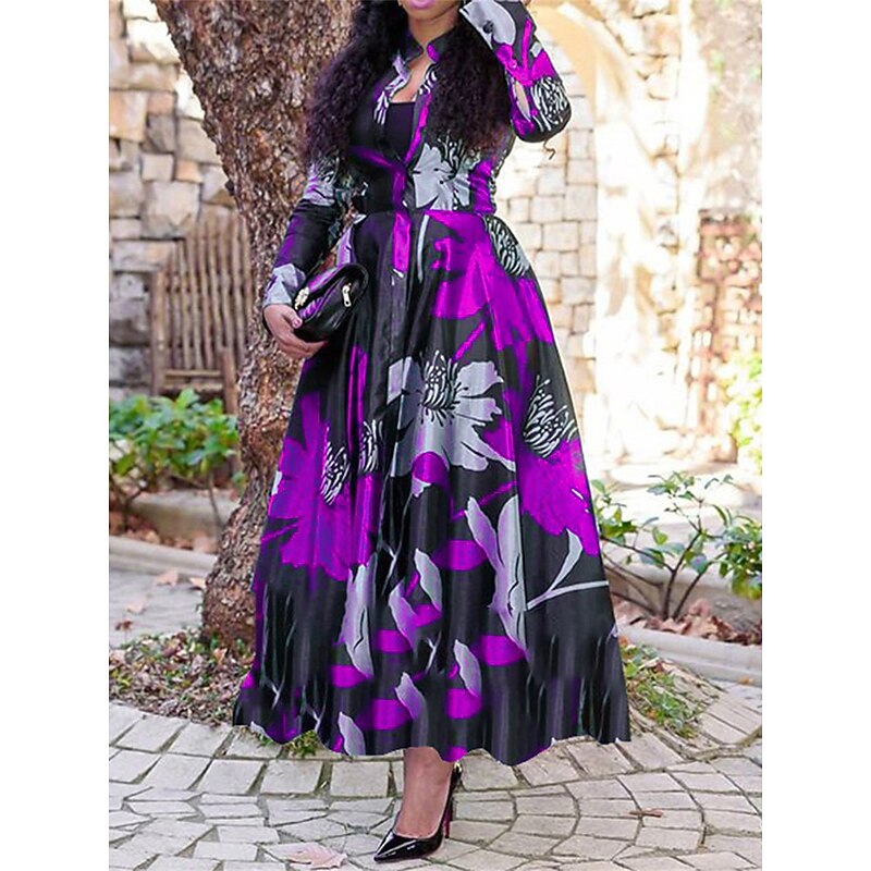 Women's Long Dress Maxi Dress Casual Dress Swing Dress Print Dress Fashion Streetwear Mature Outdoor Vacation Daily Regular Fit Floral Long Sleeve Split Neck Red Purple Green Dark Blue Fall Winter4