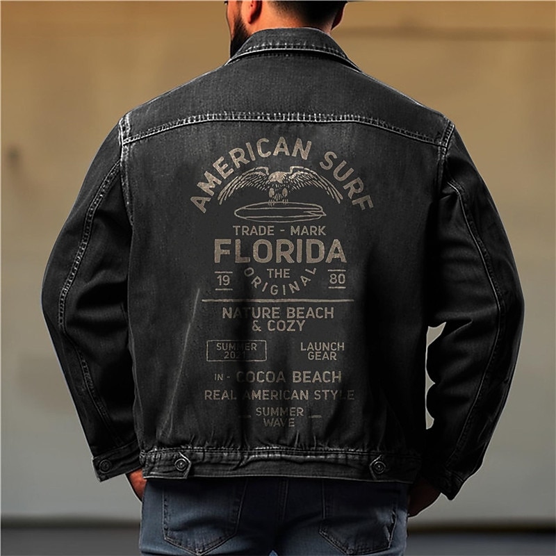 Men's Letter Coat Jean Jacket Denim Jacket Comfortable Breathable Casual Sports & Outdoor Going out Weekend Buttons Print Fall & Winter Turndown Long Sleeve Black Blue2