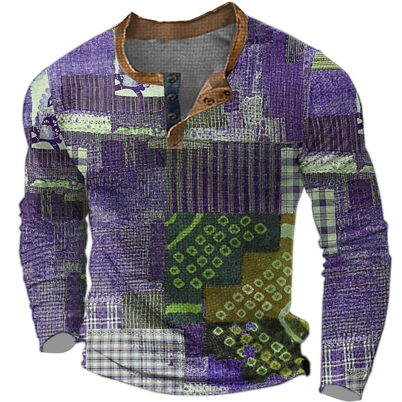 Men's Graphic Geometic Henley Shirt Waffle T Shirt Long Sleeve 3D Print Designer Retro Vintage Ethnic Sports Outdoor Holiday Festival Spring &  Fall Blue Purple Brown Gray Henley Henley T-Shirt3