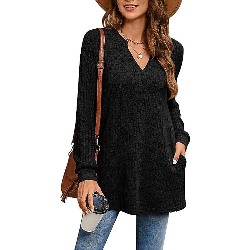 Women's Shirt Blouse Fashion Pocket Long Sleeve Long Tops V Neck Casual Black Pink Army Green Red Dusty Blue Spring &  Fall3