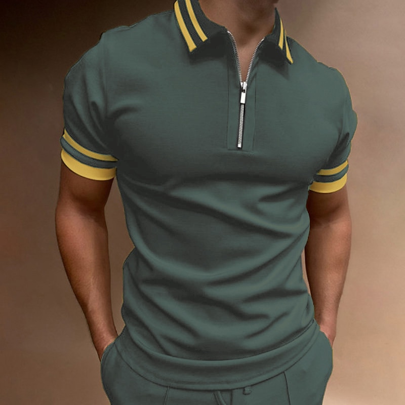 Men's Polo Shirt Quarter Zip Polo Going out golf shirts Turndown Quarter Zip Short Sleeve Sports Designer Vintage Patchwork Zipper Spring & Summer Slim Black Navy Blue Dark Green Polo Shirt3