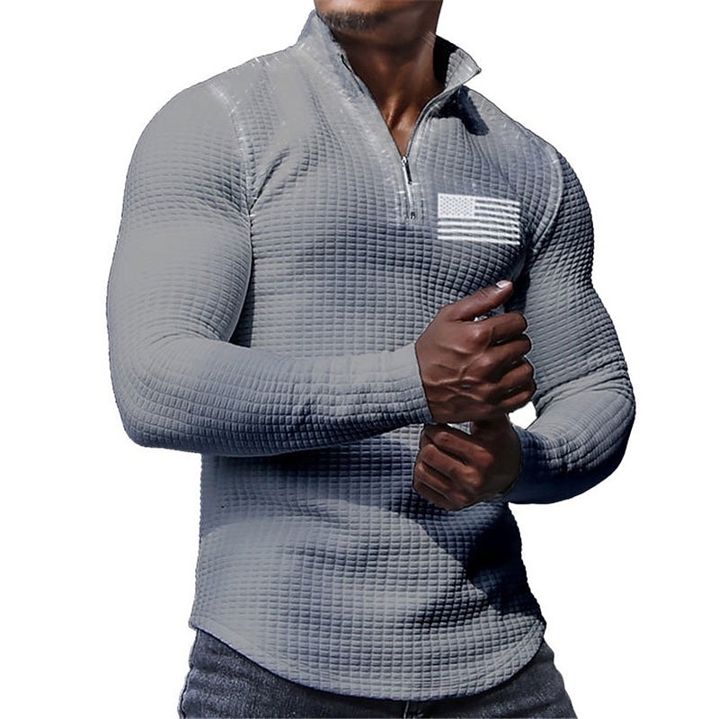 Men's Veterans Patriotic Waffle Polo Shirts Golf Polos Shirts Long Sleeve Polo Shirts Turndown Zip Business Outdoor Casual Daily Streetwear 3D Print Fall & Winter Black White Khaki3