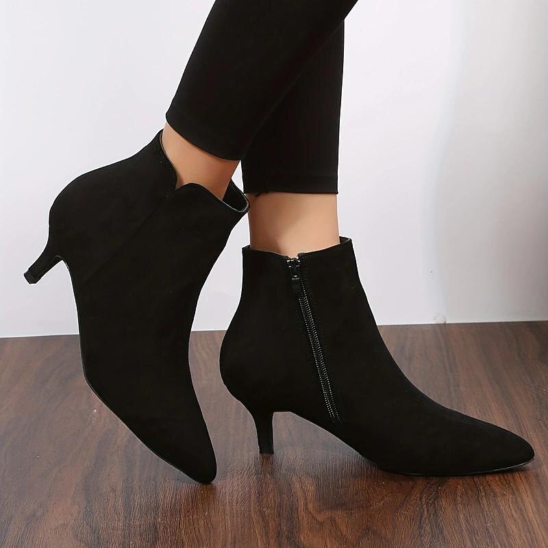 Chic Women's Black Faux Suede Pointed-Toe Ankle Boots with Zipper Closure - Ideal for Evening Events, Office Wear, and Fashionable Outings