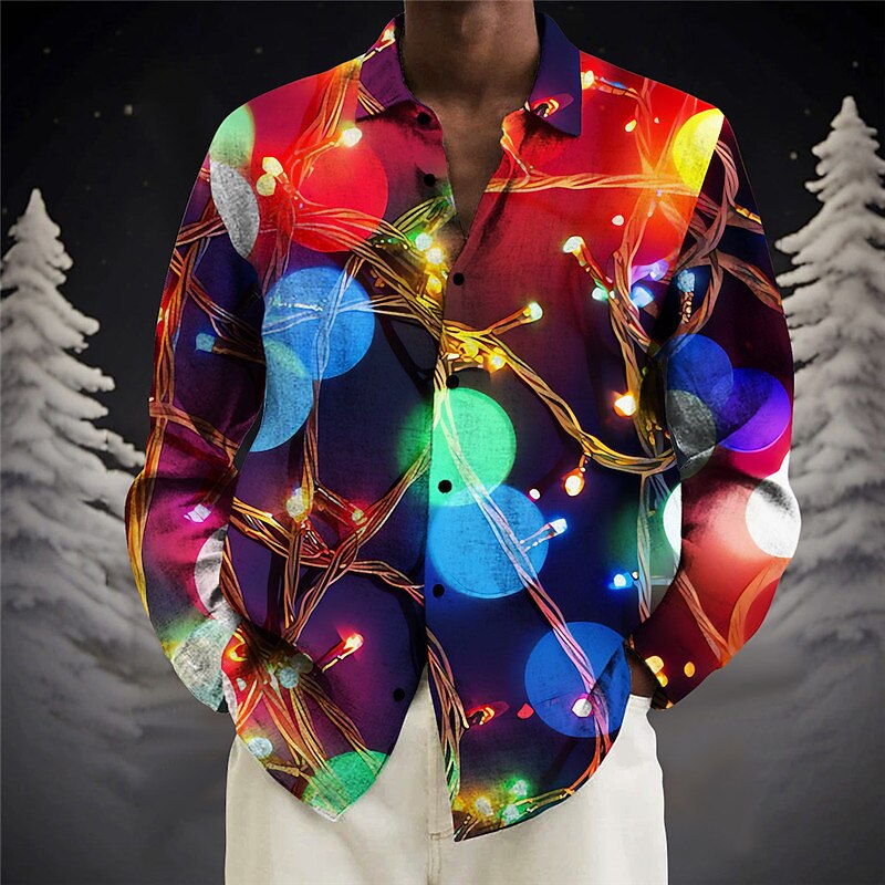 Christmas Men's Lanterns Shirt Button Up Shirt Long Sleeve Casual Daily Wear Going out Weekend Turndown Button-Down Gray+Purple Burgundy Blue Gold Rainbow2