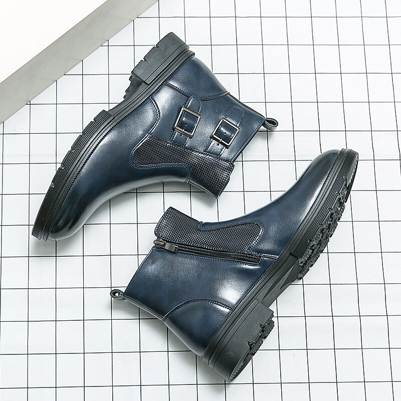 Men's Navy Blue Faux Leather Chelsea Boots, Double Buckle Ankle Boots with Elastic Side for Stylish Durable Wear 8