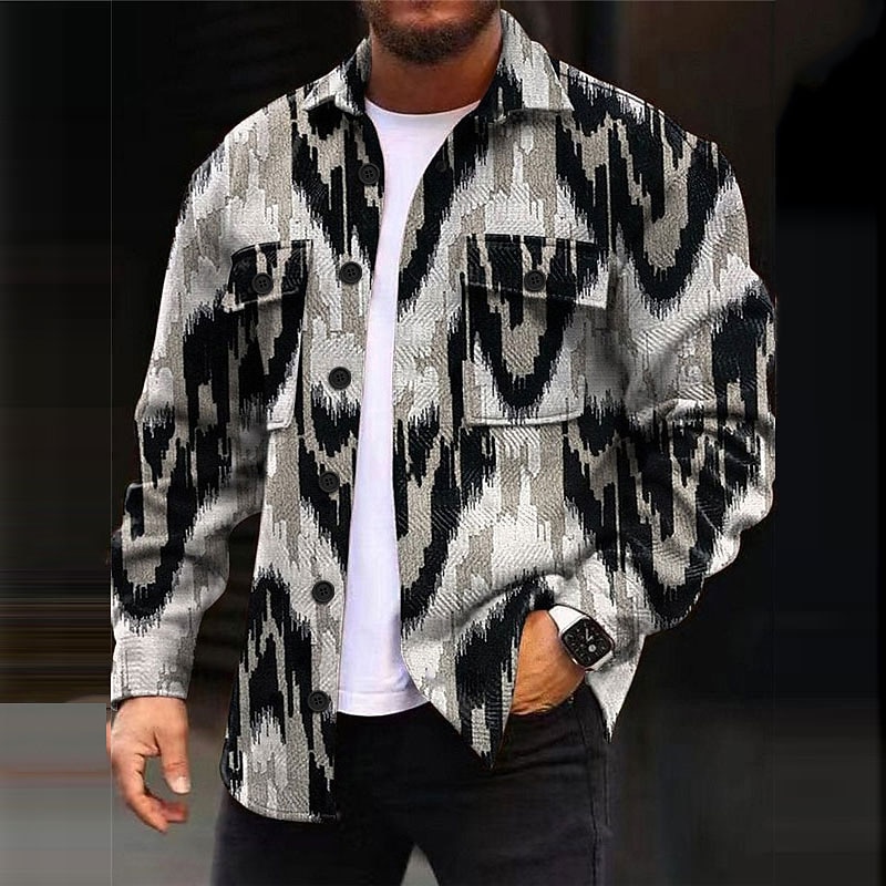 Men's Geometry Shirt Shirt Jacket Overshirt Long Sleeve Casual Outdoor Street Casual Daily Fall & Winter Turndown Buttons Pocket Print White Red khaki