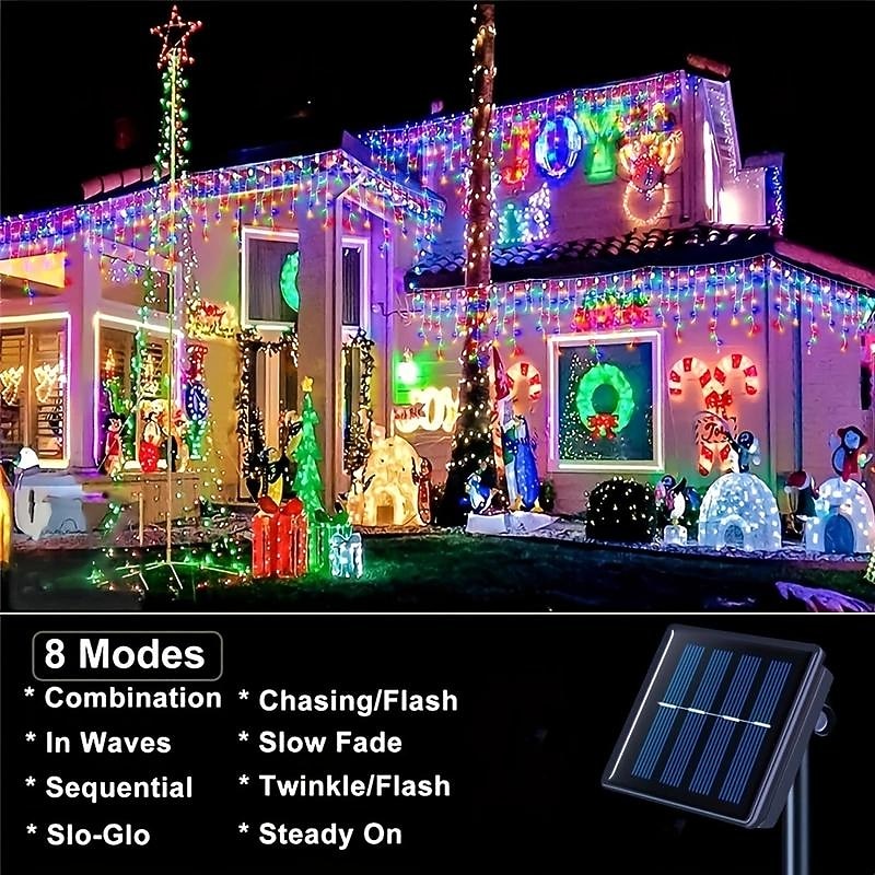 1pc LED Solar Icicle String Light, 4M-96Leds 8 Modes, Waterproof Curtain Icicle Light Fairy String Christmas Light, Roof, Commercial Street Decoration3