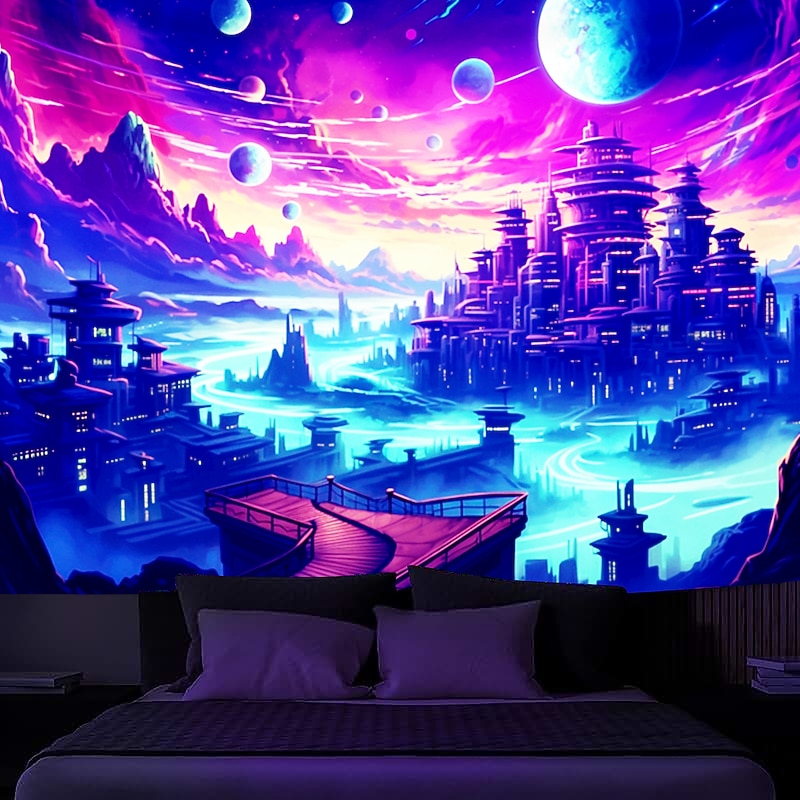 Blacklight Tapestry UV Reactive Glow in the Dark Glow Party Neon Trippy Misty Egypt Architecture Hanging Tapestry Wall Art Mural for Living Room Bedroom3