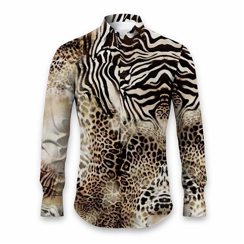 Men's Leopard Animal Fur Pattern Shirt Button Up Shirt Long Sleeve Abstract Daily Wear Going out Fall & Winter Turndown Print Button-Down Yellow Pink Red Blue Purple