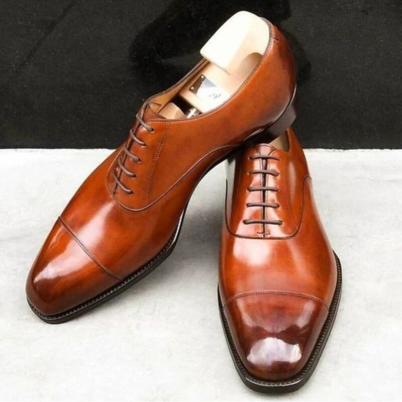 Men's Brown Faux Leather Oxford Dress Shoes – Classic Cap Toe, Glossy Finish, Formal Business Wedding Footwear2