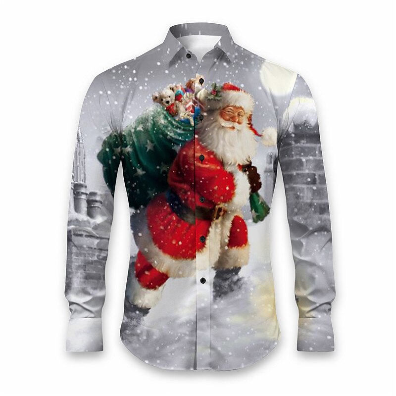 Christmas Men's Santa Claus Printed Shirts Santa Claus Casual Daily Wear Going out Fall & Winter Turndown Long Sleeve Yellow, Red, Blue S, M, L 4-Way Stretch Fabric Shirt