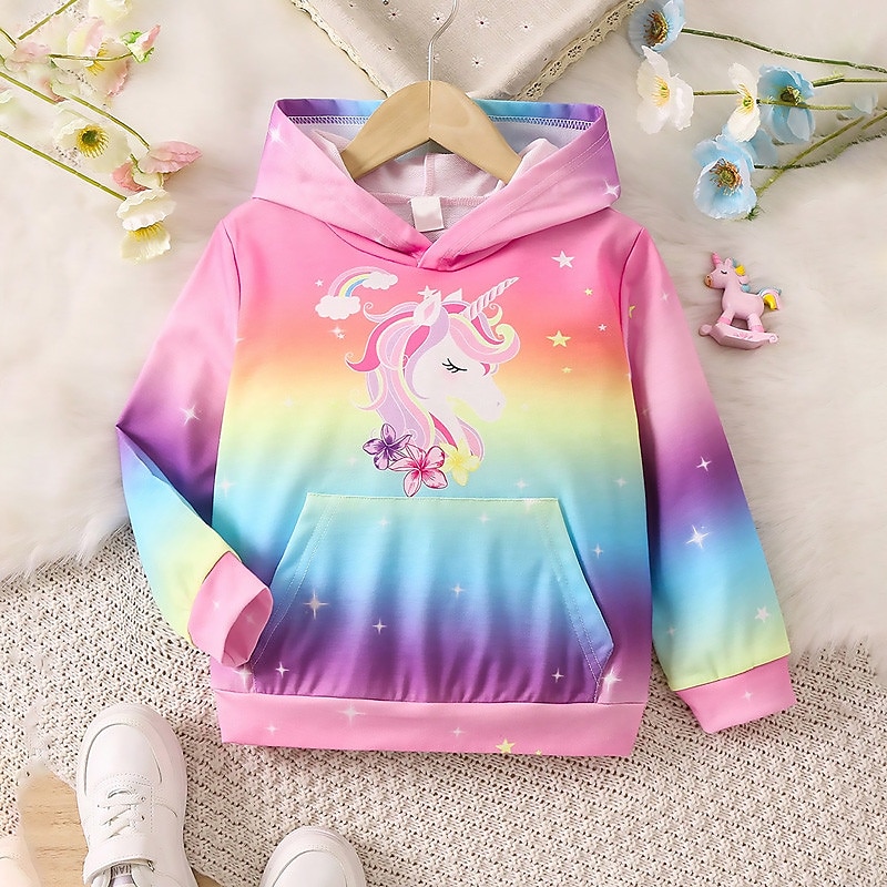 Girls' 3D Rainbow Unicorn Color Gradient Hoodie Pullover Pink Long Sleeve 3D Print Fall Winter Active Fashion Cute Kids 3-12 Years 4-12 Years Outdoor Casual Daily Regular Fit
