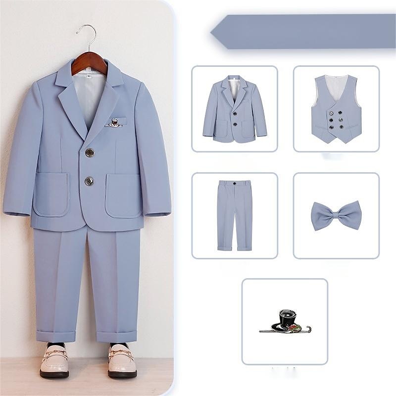 6 Pieces Kids Boys Suit & Blazer Outfit Solid Color Long Sleeve Button Set Formal Cool Fall Winter 7-13 Years Gray 5-piece set (jacket + vest + trousers + bow tie + Blue 6-piece set (shirt + jacket2