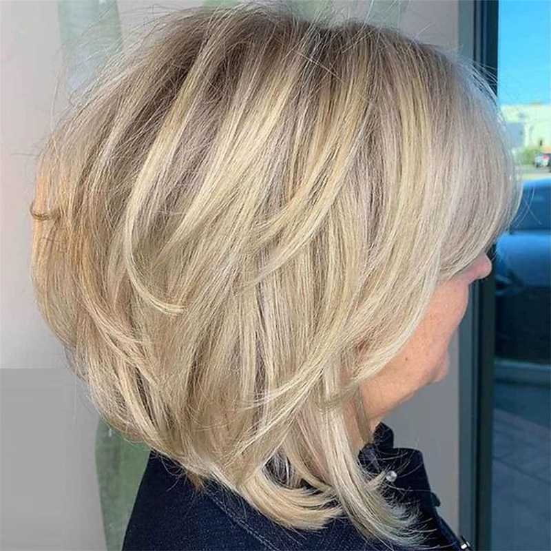 Short Highlight Blonde Pixie Cut Wigs for Black Women Bleach Blonde Bob Layered Side Part Wig with Curtain Bangs for Women Synthetic Light Blonde Bob Shaggy Wig 613 Blonde Pixie Cut Wig