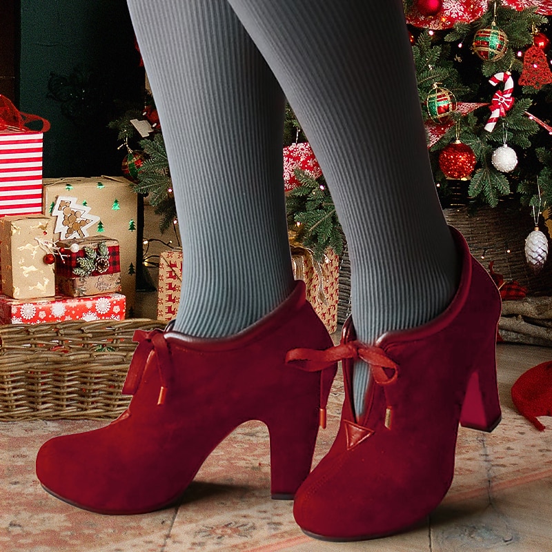 Women's Red Suede Lace-Up Ankle Boots with Block Heel – Ideal for Holidays, Parties, and Special Festive Occasions