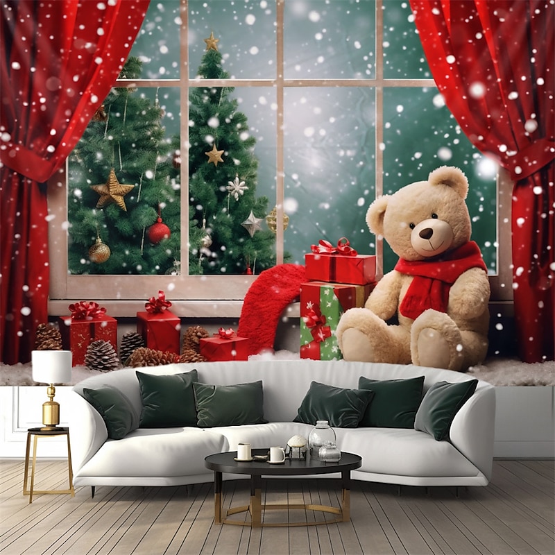 Christmas Decorations Christmas Tree Hanging Tapestry Wall Art Xmas Large Tapestry Mural Decor Photograph Backdrop Blanket Curtain Home Bedroom Living Room Bear Window View