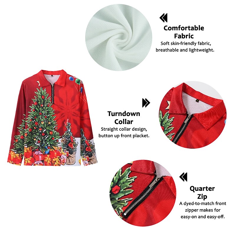 Christmas Men's Christmas tree 3D Zipper Polo Golf Tree Graphic Prints Snowflake Turndown Red 3D Print Street Long Sleeve Zipper Print Clothing Apparel Fashion Designer Casual Soft2