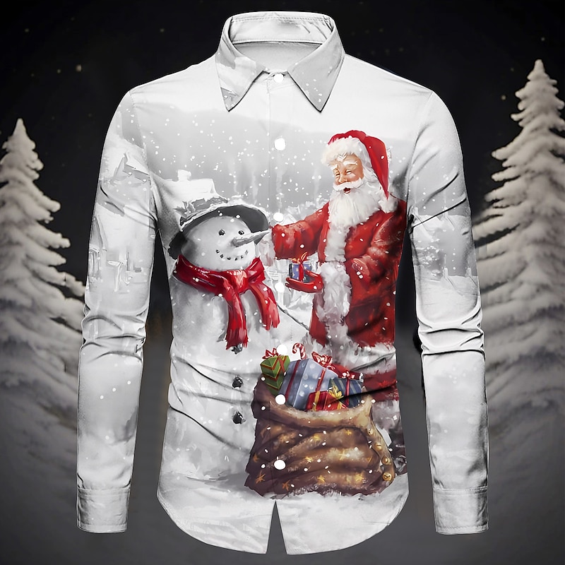 Christmas Men's Santa Claus Printed Shirts Santa Claus Casual Daily Wear Going out Fall & Winter Turndown Long Sleeve Navy Blue, Blue, Sky Blue S, M, L 4-Way Stretch Fabric Christmas4