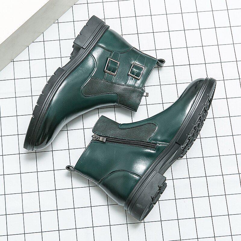 Men's Navy Blue Faux Leather Chelsea Boots, Double Buckle Ankle Boots with Elastic Side for Stylish Durable Wear 26