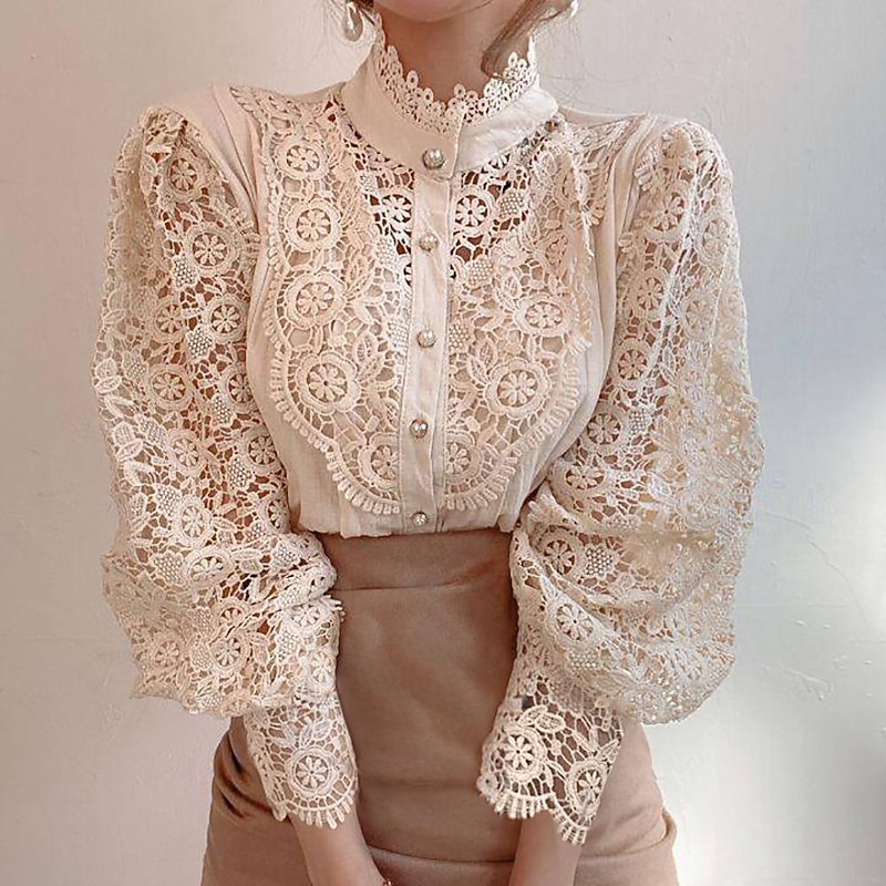 Women's Lace Shirt Blouse Eyelet top White Lace Shirt Solid Colored Elegant Fashion Elegant & Luxurious Shirt Collar Daily Hole Black White Apricot Spring Fall Winter Fall & Winter3