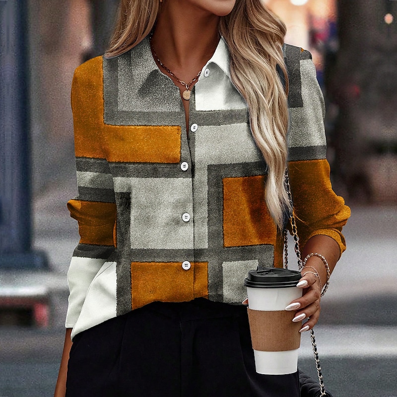 Women's Shirt Button Down Tunic Shirt Collar Long Sleeve Fashion Plaid s Print Regular Tops Casual Rose Gold Red Blue Orange Green Spring & Fall4