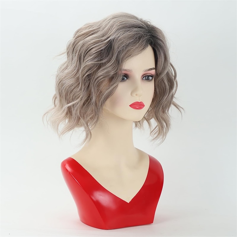 Wavy Bob Wig Short Dark Grey Blonde Curly Bob Wigs for Women Chin Length Side Part Wavy Wigs for Girls Natural Looking Short Hair Wig for Daily Party Cosplay2