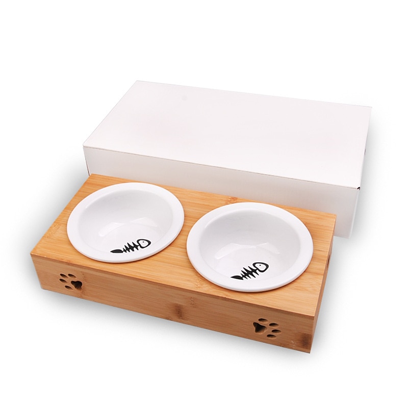 Pet Supplies Dog Food Utensils Dog Drinking Water And Food Basin Stainless Steel Dog Bowl Bamboo Frame Ceramic Cat Bowl Double Bowl3