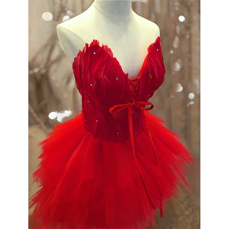 Women's Princess Ballerina Dancer Performance Dancing Dress Tiered Tutu Gown Cute Party Tulle Feather matte red Dress4