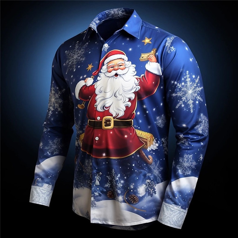 Christmas Men's Santa Claus Printed Shirts Santa Claus Casual Daily Wear Going out Fall & Winter Turndown Long Sleeve Navy Blue, Blue, Sky Blue S, M, L 4-Way Stretch Fabric Shirt